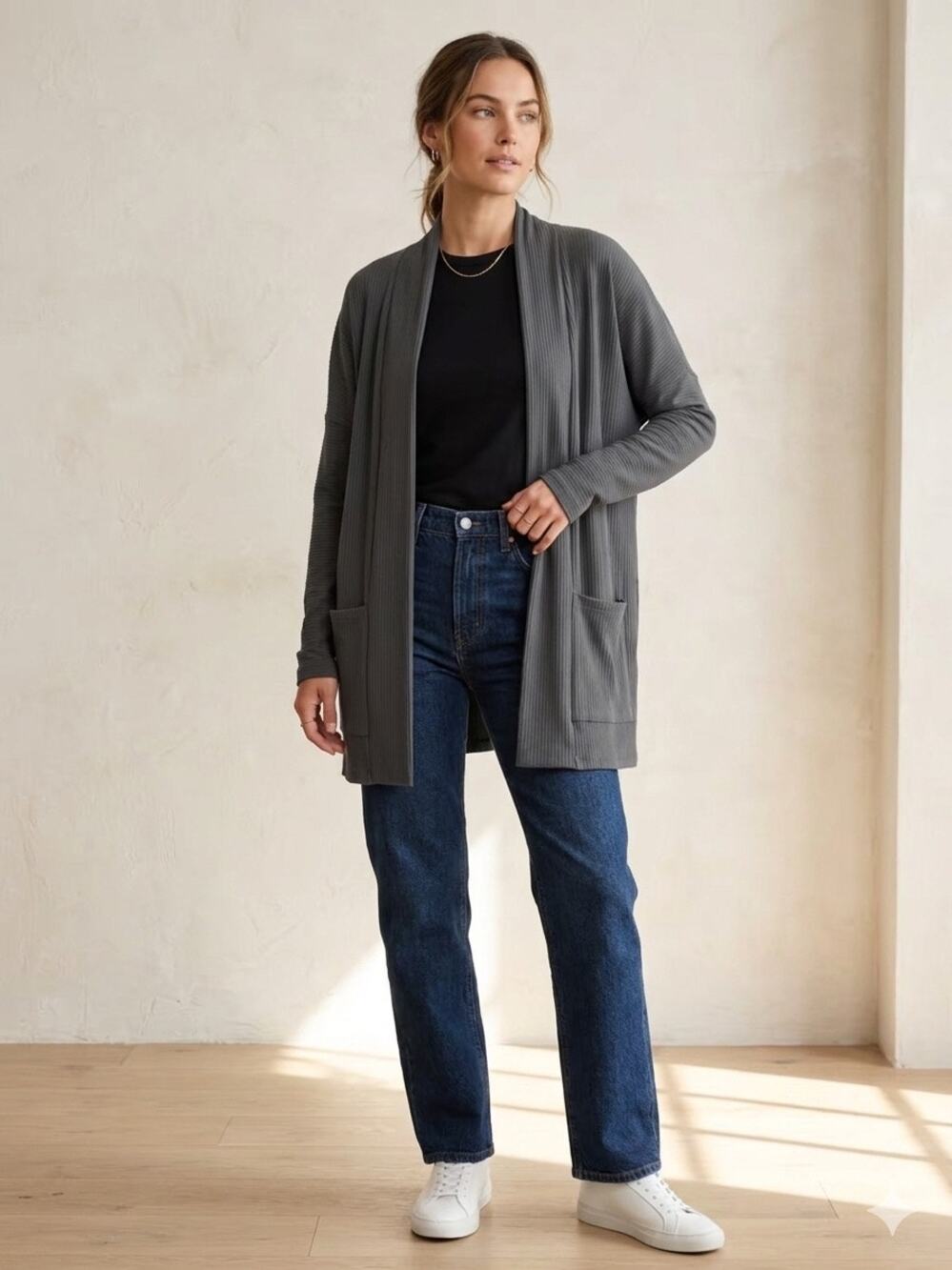 Lett Women's L Charcoal Gray Ribbed Open Front Duster Cardigan Sweater Cozy NWT